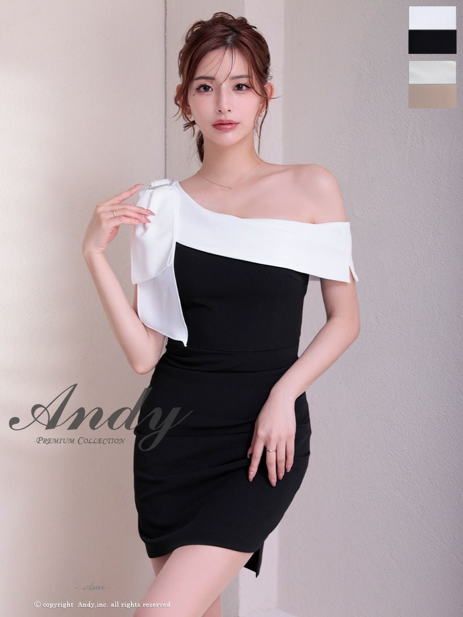 キャバドレス an アン ワンショルダー スリット ビジュー バイカラー ビッグリボン タイトミニドレス