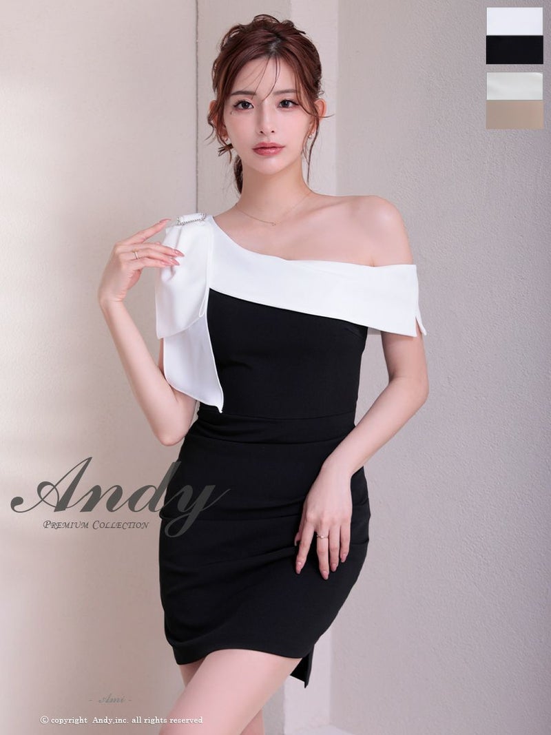 キャバドレス an アン ワンショルダー スリット ビジュー バイカラー ビッグリボン タイトミニドレス