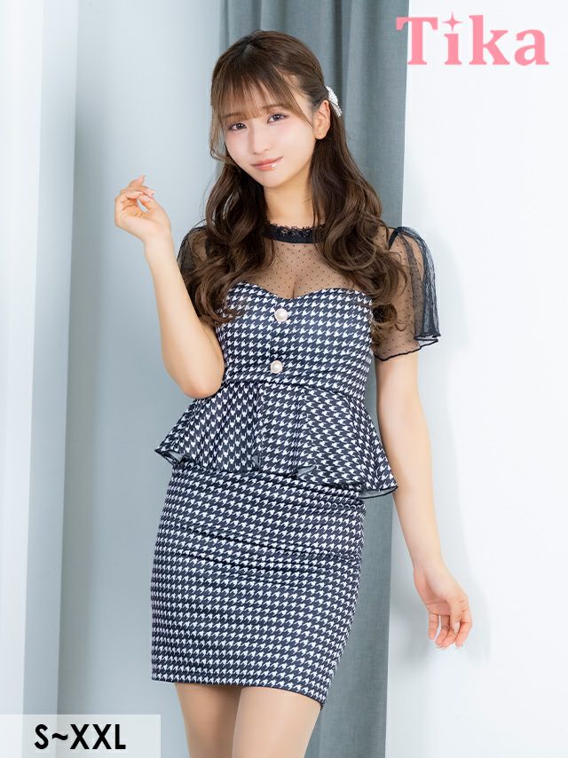 シースルー 千鳥格子柄 ペプラム 半袖 タイトミニドレス (Sサイズ～XXL