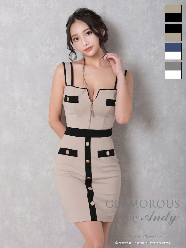 キャバドレス an アン　高級 パイピング ノースリーブ ジップ ボタン フェイクポケット 谷間魅せ タイトミニドレス