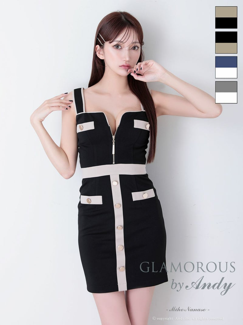 キャバドレス an アン　高級 パイピング ノースリーブ ジップ ボタン フェイクポケット 谷間魅せ タイトミニドレス