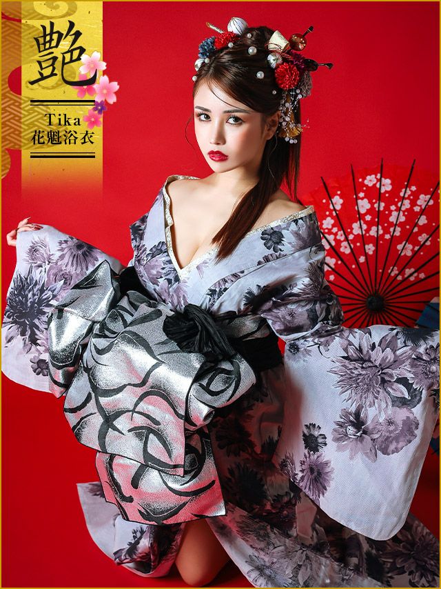 [花魁浴衣] 桜まつり 2way グレー地 ヴィンテージフラワー  5点セット (ゆかた・下駄・兵児帯・飾り兵児帯・肌襦袢)