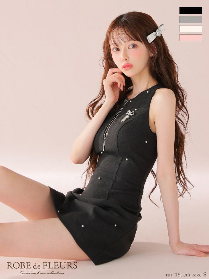 キャバドレス ミニドレス ROBEdeFLEURS ローブドフルール 高級 ノースリーブ フロントジップ ビジューリボン パール ワンカラー タイトミニドレス