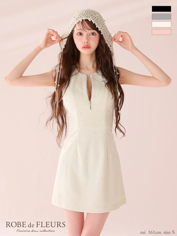 キャバドレス ミニドレス ROBEdeFLEURS ローブドフルール　高級 ノースリーブ フロントジップ ビジューリボン パール ワンカラー タイトミニドレス