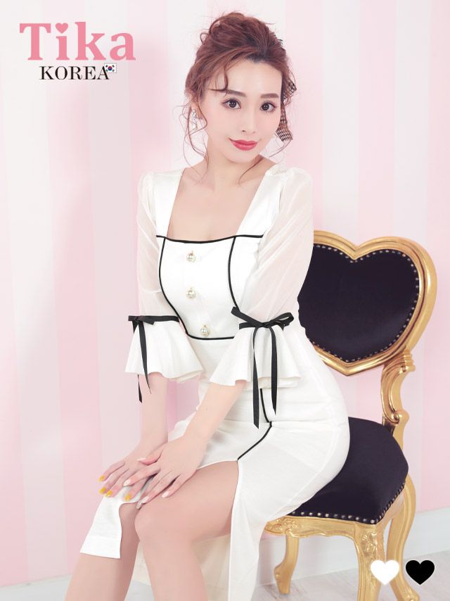 メイン画像 キャバドレス 韓国 膝丈ドレス モノトーン パフスリーブ 袖あり 七分袖 スリット お呼ばれ タイト キャバドレス (久保七瀬着用) [tk-mdk042]