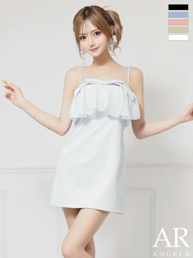 キャバドレス ミニドレス Angel-R エンジェルアール 高級 2way ベアトップ キャミソール パールチェーン フリル リボン ビジュー フレアミニドレス