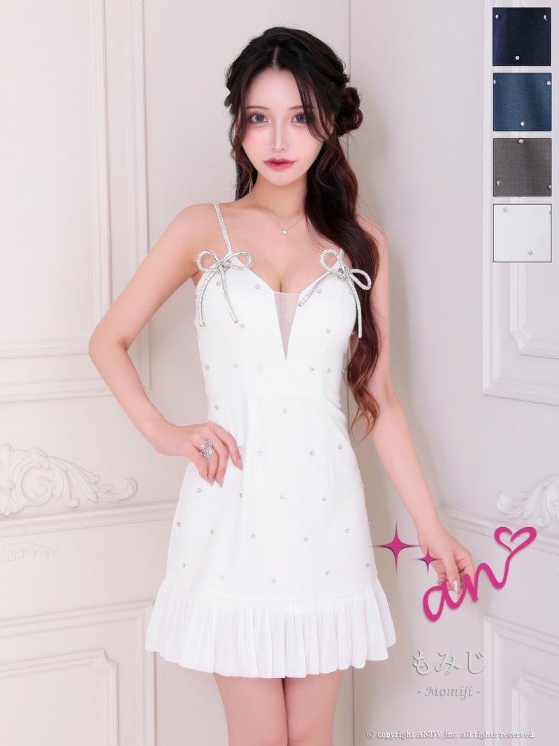 キャバドレス an アン キャミソール ビジュー フリル リボン バストシースルー フレアミニドレス