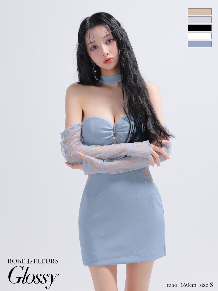 [ROBEdeFLEURSGlossy/ローブドフルールグロッシー] 高級 ブランド タイトミニドレス 谷間 長袖 くびれ透け ベア チョーカーネック レーススリーブ付き