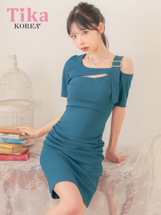 メイン画像 キャバドレス 韓国 膝丈ドレス ワンショルダー風 バストカット アシメショルダー ワンカラー 半袖 タイト キャバドレス (緩苺着用) [tk-mdk5051]