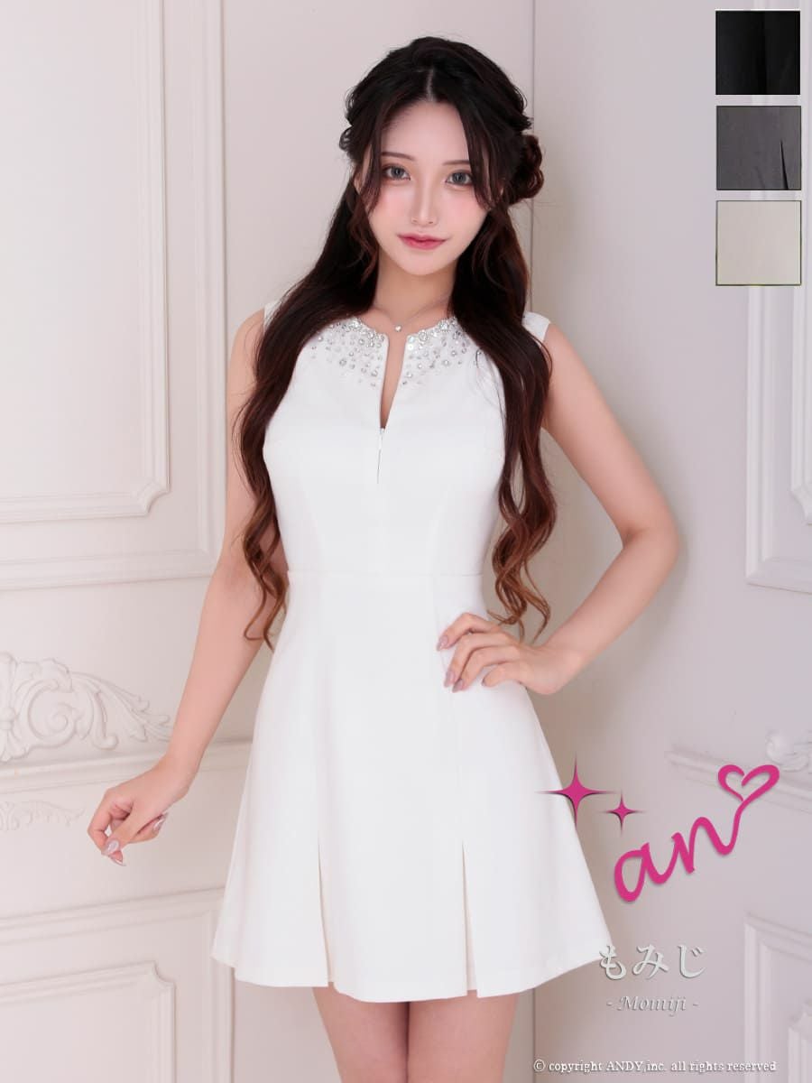 キャバドレス An アン 高級 ノースリーブ ビジュー 背中魅せ ボックスプリーツ ジップデザイン　フレアミニドレス