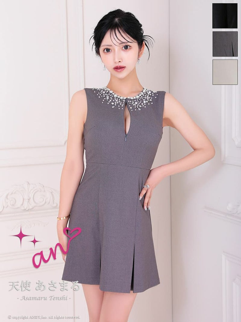 キャバドレス An アン 高級 ノースリーブ ビジュー 背中魅せ ボックスプリーツ ジップデザイン　フレアミニドレス