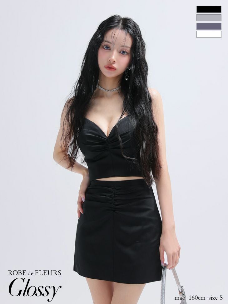 キャバドレス ミニドレス ROBEdeFLEURSGlossy ローブドフルールグロッシー　高級 キャミソール ギャザー セットアップ サテン シンプル タイトミニドレス