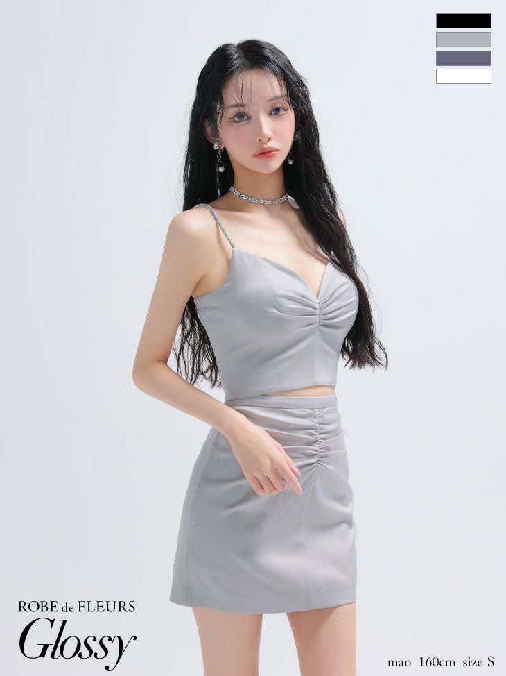 キャバドレス ミニドレス ROBEdeFLEURSGlossy ローブドフルールグロッシー　高級 キャミソール ギャザー セットアップ サテン シンプル タイトミニドレス