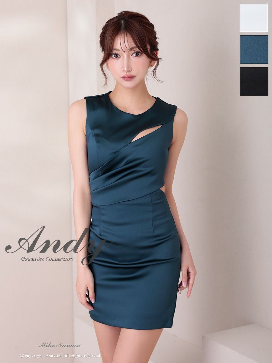 キャバドレス Andy アンディ ノースリーブ ストレッチサテン ワンカラー バストカット ジップ スリット タイト ミニドレス