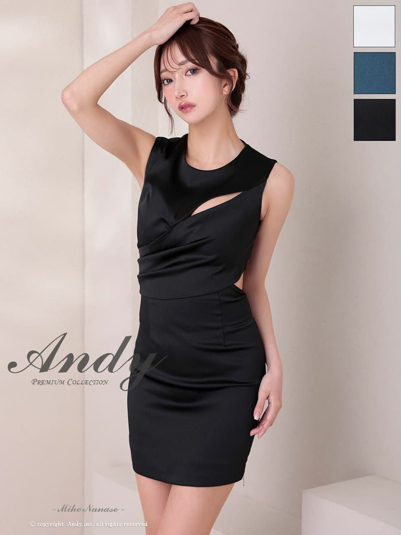 キャバドレス Andy アンディ ノースリーブ ストレッチサテン ワンカラー バストカット ジップ スリット タイト ミニドレス