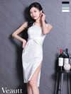 キャバドレス 膝丈ドレス Veautt/ヴュート 高級 ノースリーブ サイドジップ ウエストタック ドレープ サテン シンプル タイト 膝丈ドレス