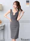 キャバドレス 膝丈ドレス Veautt/ヴュート 高級 ノースリーブ サイドジップ ゴールドチャーム シンプル ワンカラー バストカット ラメ 谷間魅せ ファスナースリット タイト 膝丈ドレス