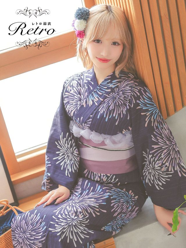 [浴衣 選べる帯] グラデーション花火 濃紺地 2025 レトロ  3点セット まやりん着用 (ゆかた・平帯or作り帯・下駄)