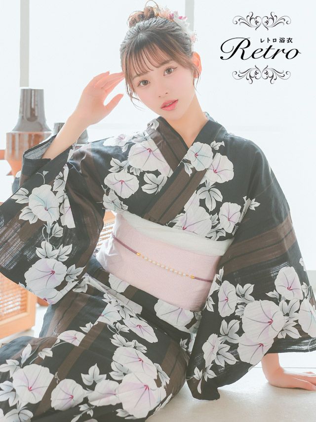 [浴衣 選べる帯] レトロ 黒地 マルチストライプ 朝顔 3点セット (ゆかた・平帯or作り帯・下駄)