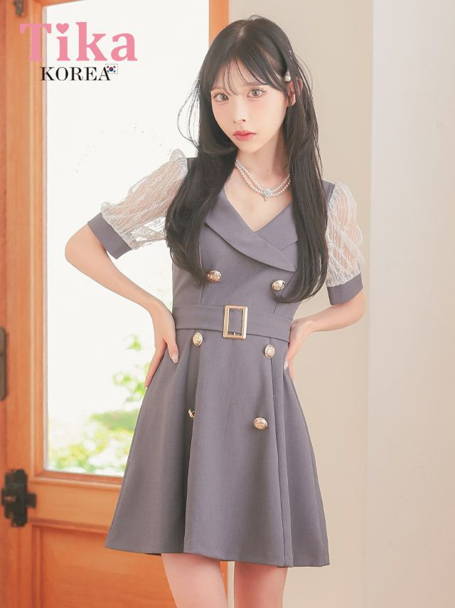 メイン画像 キャバドレス 韓国 ミニドレス 袖あり ワンピース 同伴 テーラード 襟付き ベルト付き 胸元カバー 下着のまま Aライン キャバドレス (緩苺着用) [tk-mdk5049]