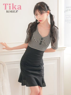  韓国ドレス ミニドレス 襟付き 袖あり ギンガムチェック柄 ギャザー 裾フリル タイト キャバドレス (緩苺着用) [tk-mdk5079]