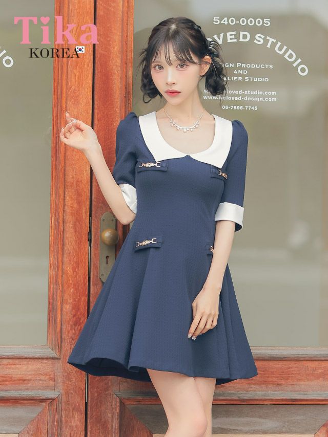 メイン画像 キャバドレス 韓国 [SALE] ワンピース 襟付き 袖あり バイカラー Aライン ミニドレス (緩苺着用) [tk-mdk5001]