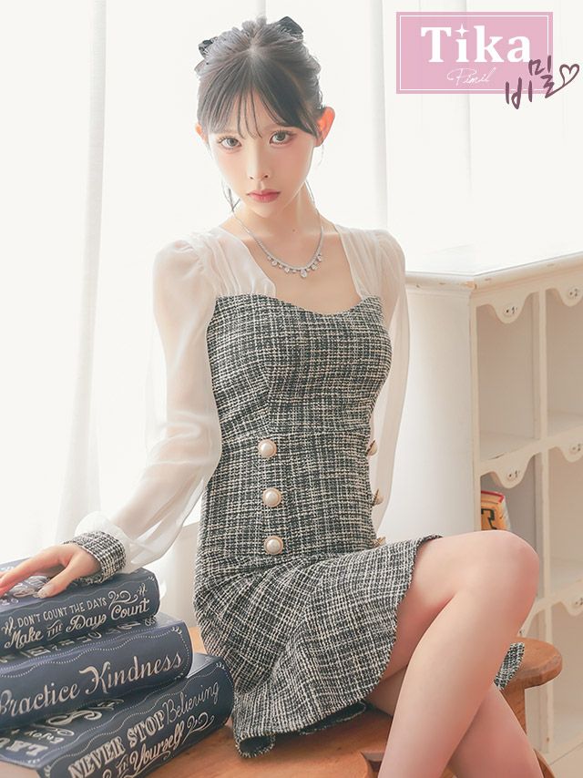 メイン画像 キャバドレス 韓国 シアー長袖 袖ありミックスツイード ダブルボタン 裾フリル タイトミニドレス (Sサイズ～Lサイズ) (緩苺/キャバドレス着用)