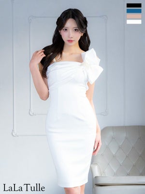 [Veautt/ヴュート] 高級 ビッグリボン ワンショルダー パールストラップ付き  バックスリット タイト 膝丈ドレス (ゆいぴす着用)