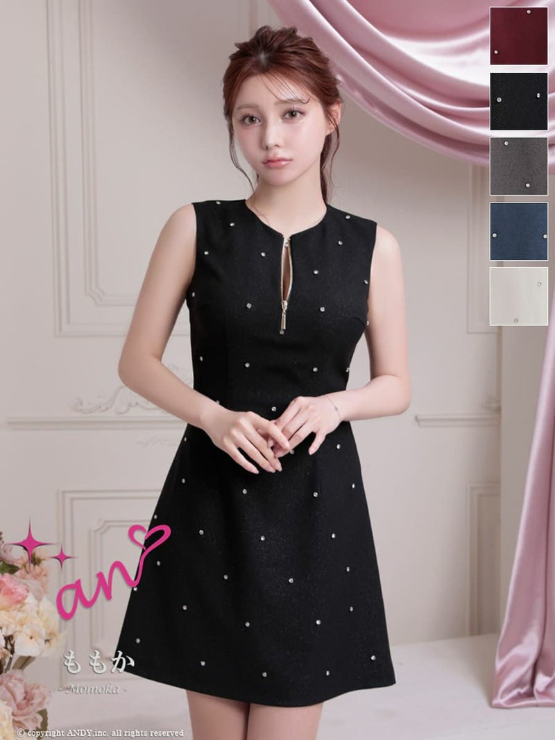 キャバドレス Andy アンディ 高級 ノースリーブ ジップデザイン ビジュー ドット柄 背中魅せ フレアミニドレス