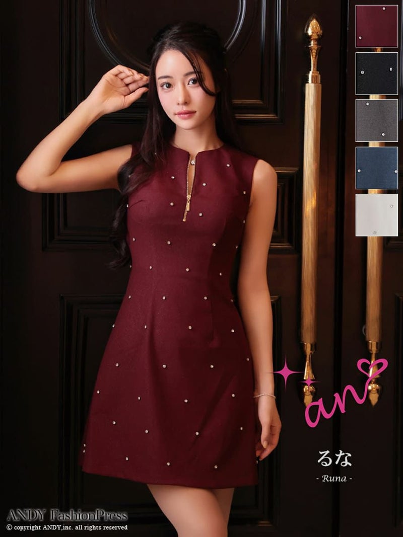 キャバドレス Andy アンディ 高級 ノースリーブ ジップデザイン ビジュー ドット柄 背中魅せ フレアミニドレス