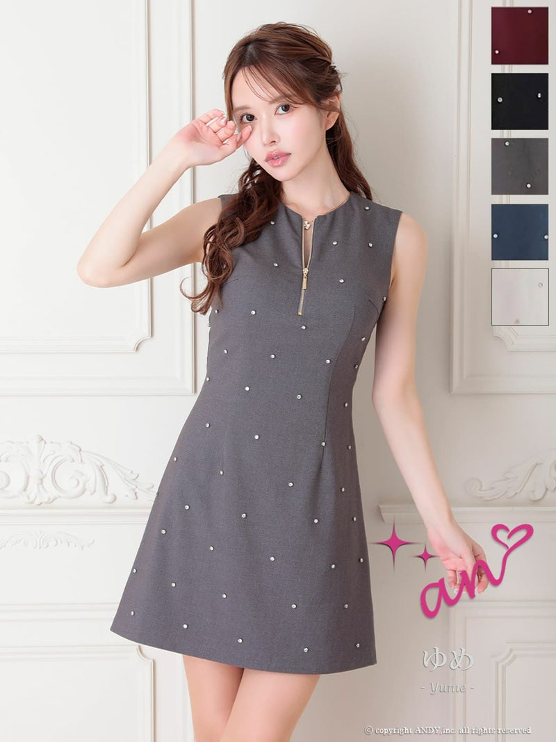 キャバドレス Andy アンディ 高級 ノースリーブ ジップデザイン ビジュー ドット柄 背中魅せ フレアミニドレス