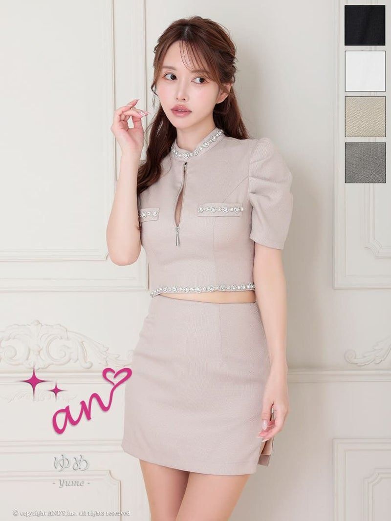 キャバドレス an アン 高級 半袖 セットアップ ジップ ビジュー ワンカラー タイトミニドレス