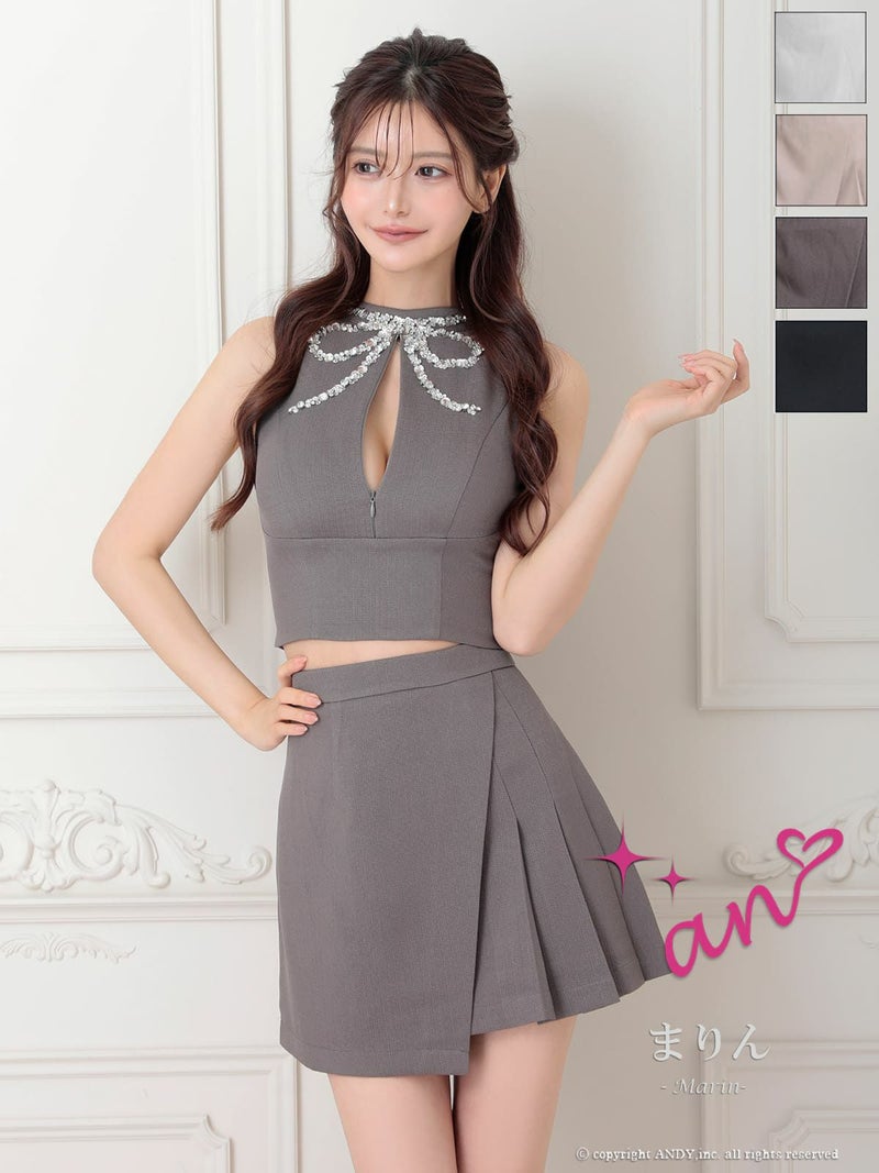 キャバドレス an アン 高級 ノースリーブ ワンカラー セットアップ ジップデザイン スパンコール リボン プリーツ フレア ミニドレス