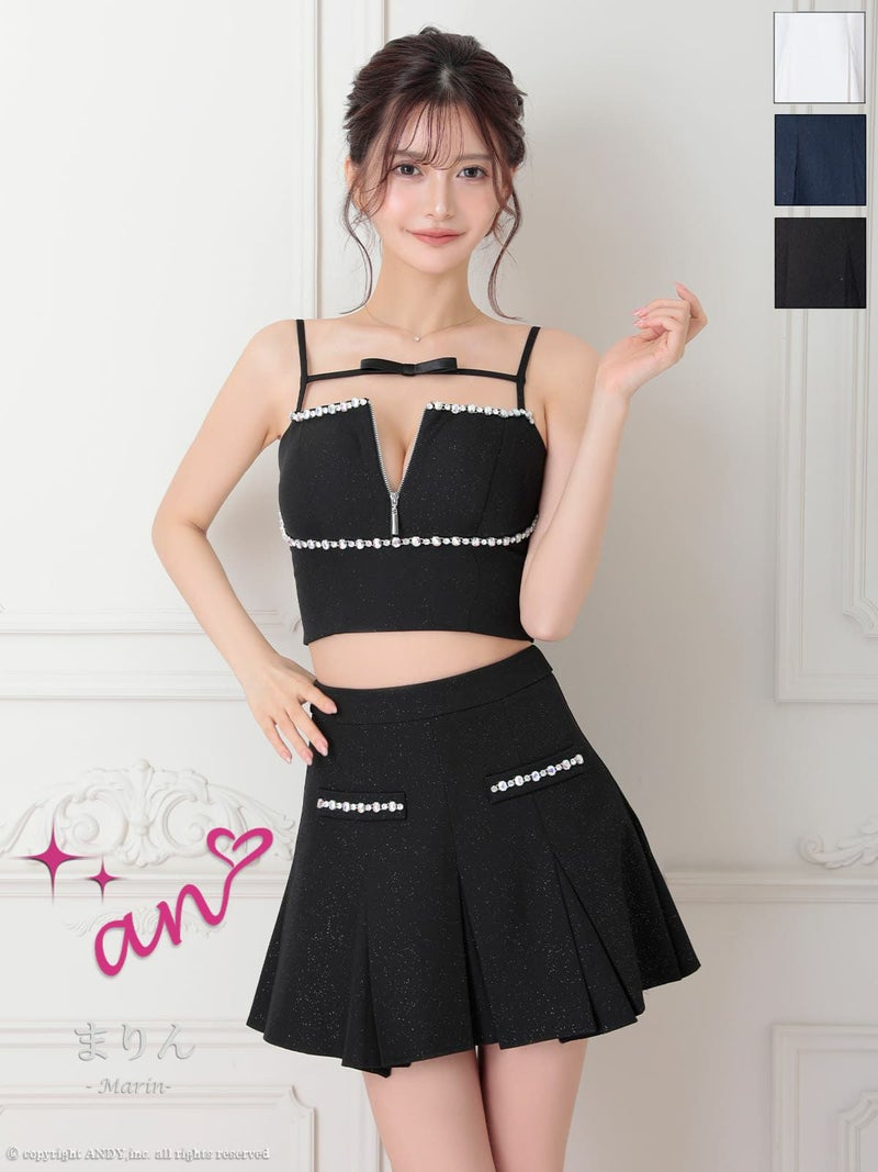 キャバドレス an アン 高級 キャミソール ワンカラー セットアップ ジップデザイン ビジュー リボン プリーツ フレア ミニドレス