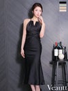 キャバドレス 膝丈ドレス Veautt/ヴュート 高級 ホルターネック ギャザートップ ウエストタックデザイン ネックチェーン ビジュー タイト膝丈ドレス