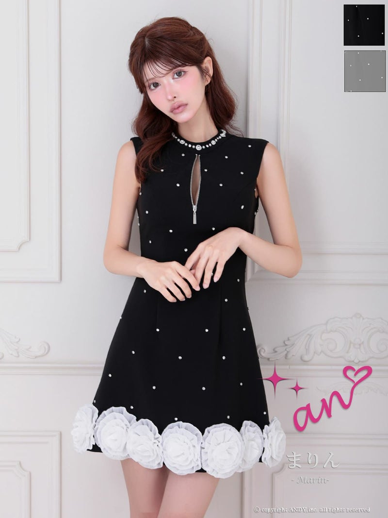 キャバドレス an アン 高級 ノースリーブ ジップ ワンカラー ビジュー フラワー バックカット リボン フレア ミニドレス