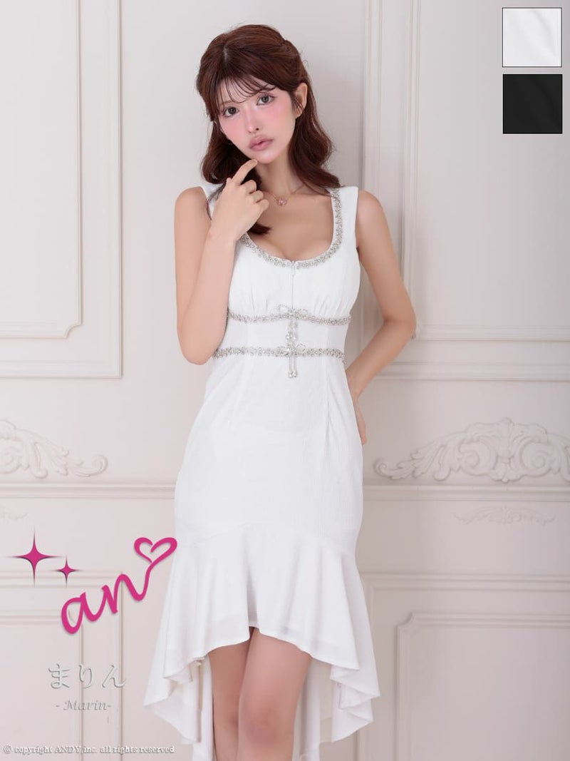 キャバドレス an アン 高級 ノースリーブ 長袖 チュール袖 ジップデザイン フリル バストカット ロングテールドレス