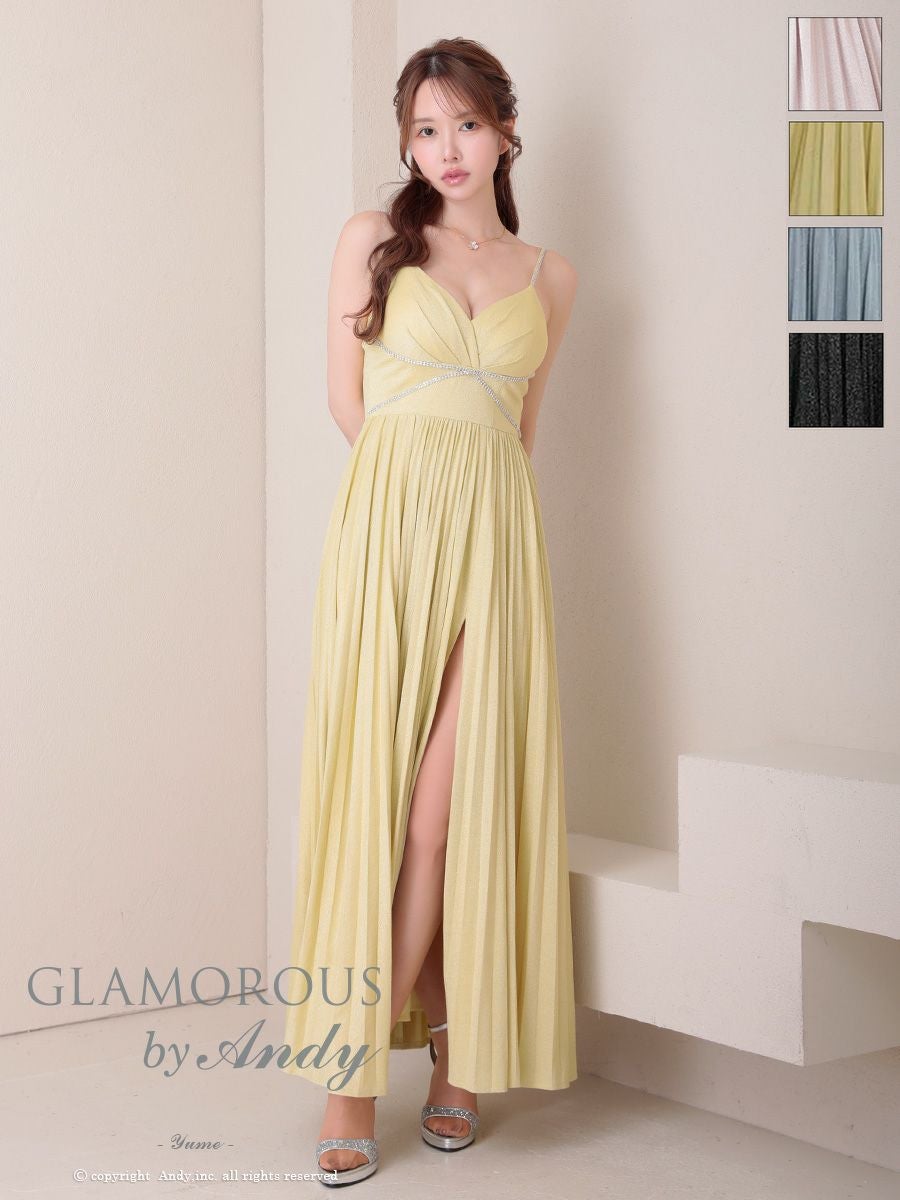 キャバドレス AndyGLAMOROUS アンディグラマラス  高級 キャミソール ワンカラー バストカット ラメ ビジューチェーン タック プリーツ Aライン ロングドレス