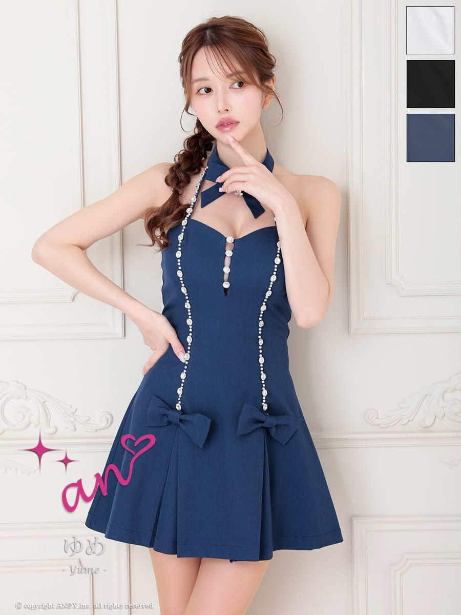 キャバドレス an アン 高級 ホルターネック 2way ワンカラー バストカット ビジュー リボン フレア ミニドレス
