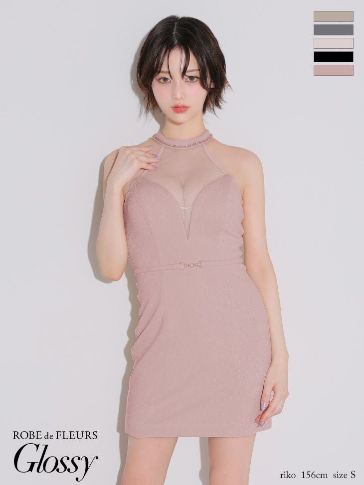 キャバドレス ミニドレス ROBEdeFLEURSGlossy ローブドフルールグロッシー　高級 ブランド タイトミニドレス 大人 ホルターネック ウエストベルト シアーチュールバスト ネックチェーン