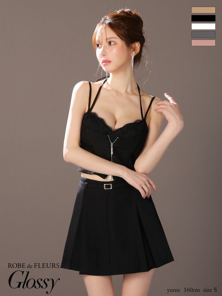 キャバドレス ミニドレス ROBEdeFLEURSGlossy ローブドフルールグロッシー　高級 キャミソール ネックリボン セットアップ ウエストベルト レース ジップ フレアミニドレス