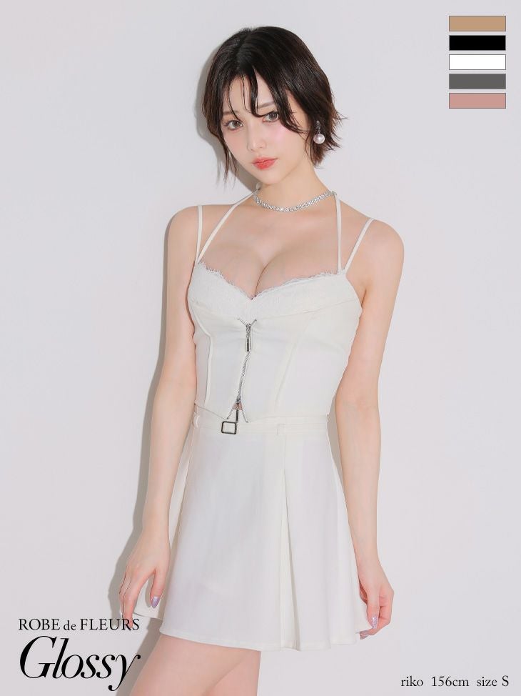 キャバドレス ミニドレス ROBEdeFLEURSGlossy ローブドフルールグロッシー　高級 キャミソール ネックリボン セットアップ ウエストベルト レース ジップ フレアミニドレス