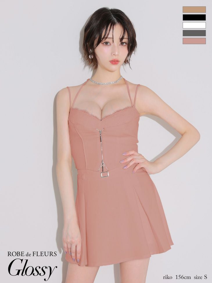 キャバドレス ミニドレス ROBEdeFLEURSGlossy ローブドフルールグロッシー　高級 キャミソール ネックリボン セットアップ ウエストベルト レース ジップ フレアミニドレス