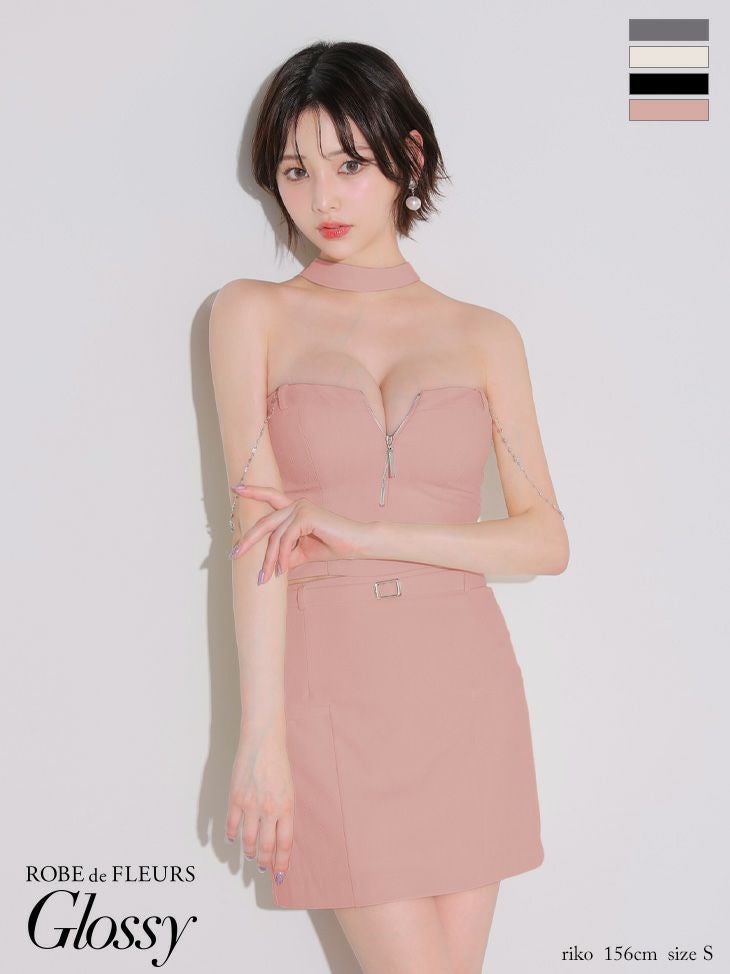 キャバドレス ミニドレス ROBEdeFLEURSGlossy ローブドフルールグロッシー　高級 ベアトップ セットアップ ジップ ウエストベルト チョーカーデザイン チェーン タイトミニドレス