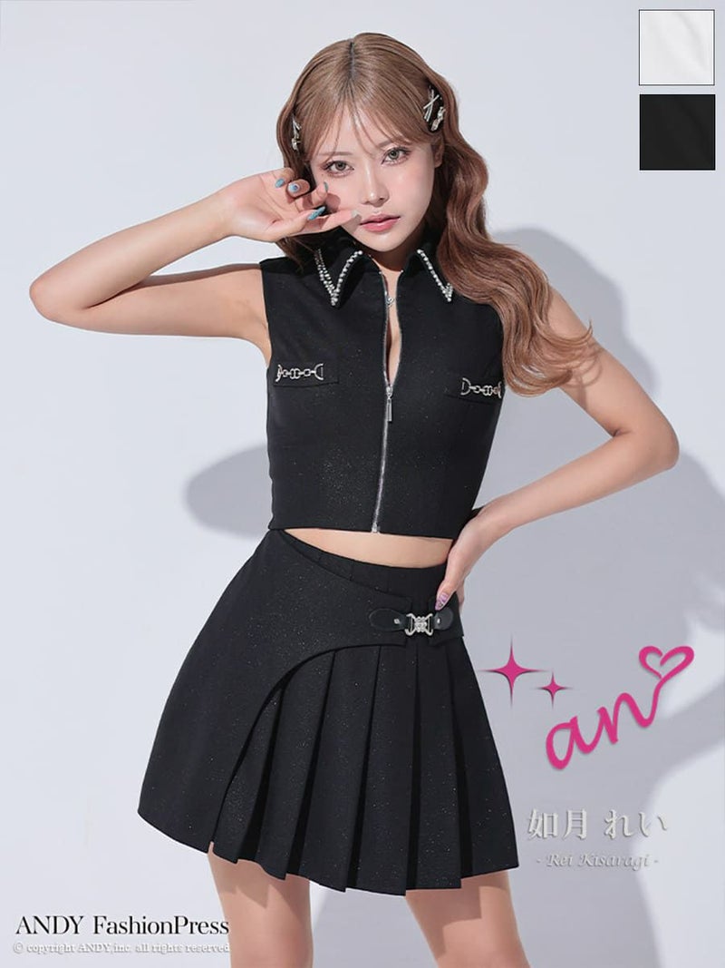 キャバドレス an アン 高級 ノースリーブ ワンカラー セットアップ ジップデザイン 襟付き プリーツ フレア ミニドレス