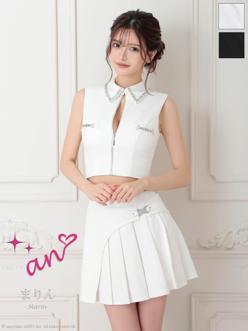 キャバドレス an アン 高級 ノースリーブ ワンカラー セットアップ ジップデザイン 襟付き プリーツ フレア ミニドレス