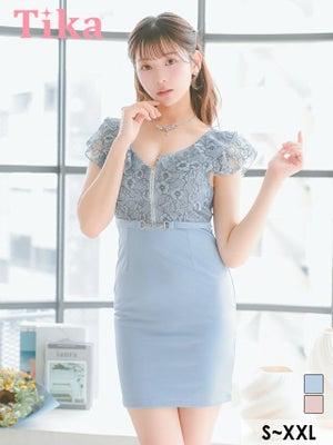 ミニドレス フラワーレース 谷間 フロントジップ 半袖 ウエストベルト タイト 水色 XXL 大きいサイズ キャバドレス (上ノ堀結愛着用) [tk-md1255ma]