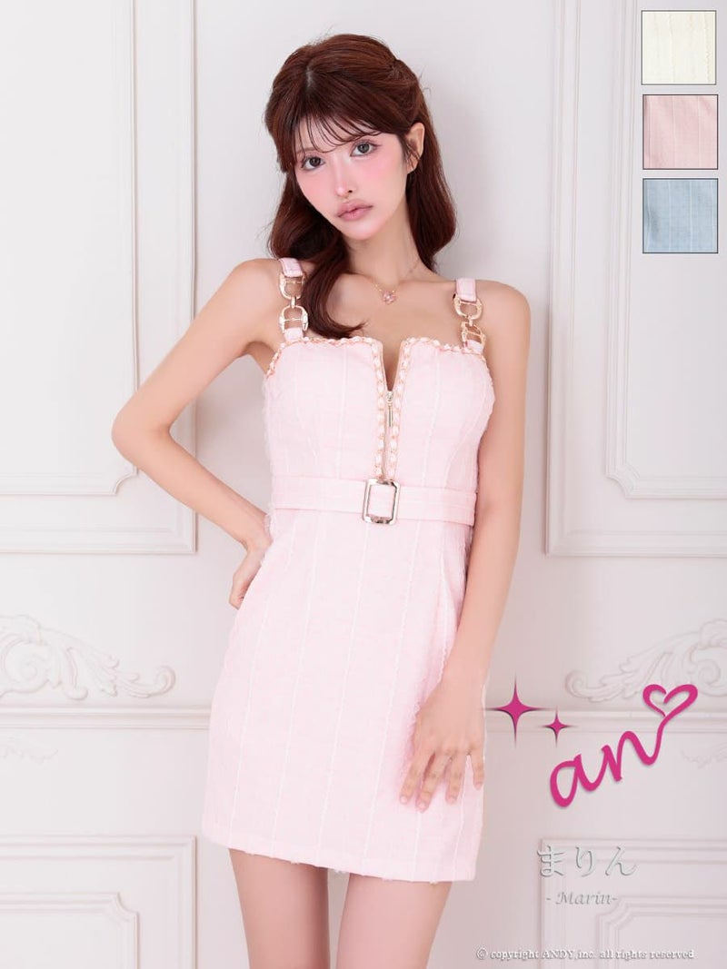 キャバドレス an アン 高級 ノースリーブ ジップ ウエストベルト パイピング タイト ミニドレス