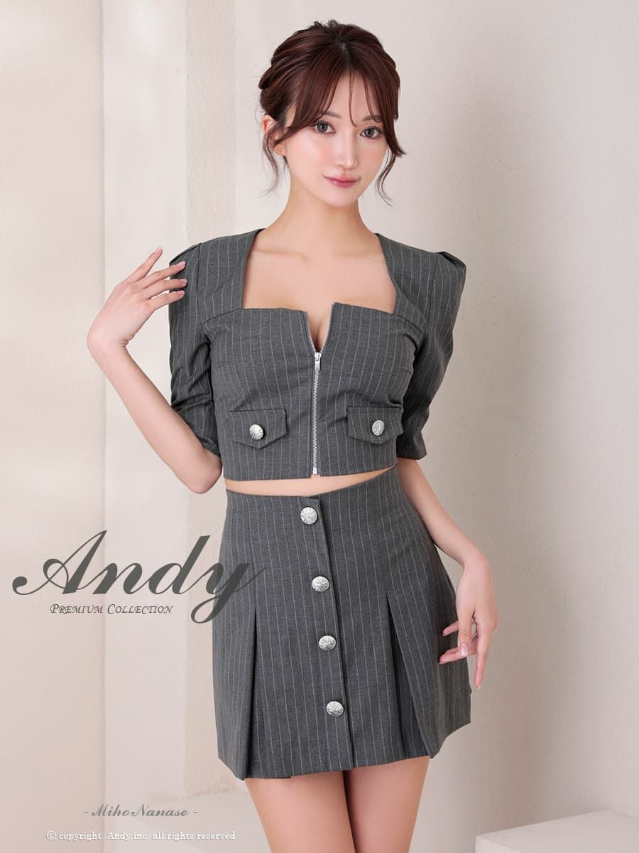 キャバドレス Andy アンディ 高級 袖あり 五分袖 ストライプ スクエアネック ジップ セットアップ プリーツ フレア ミニドレス