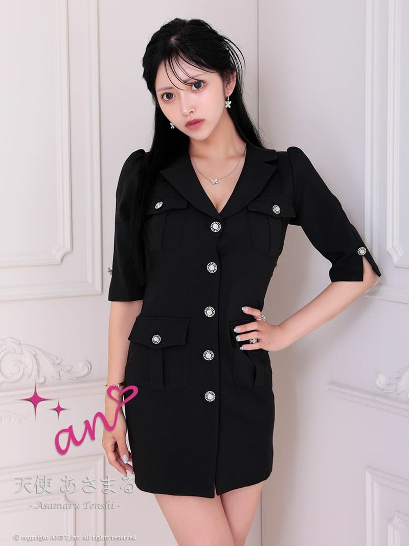 キャバドレス　An アン 高級 袖あり 襟付き ボタン ワンカラー ポケット スリット タイトミニドレス